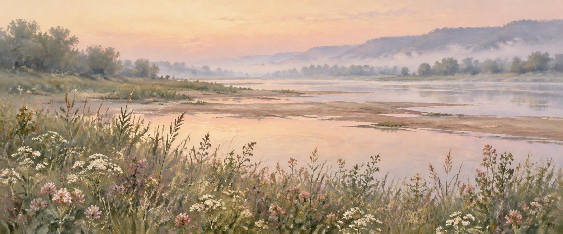 河岸野花与芦苇的原创风景画,表达开放与生长